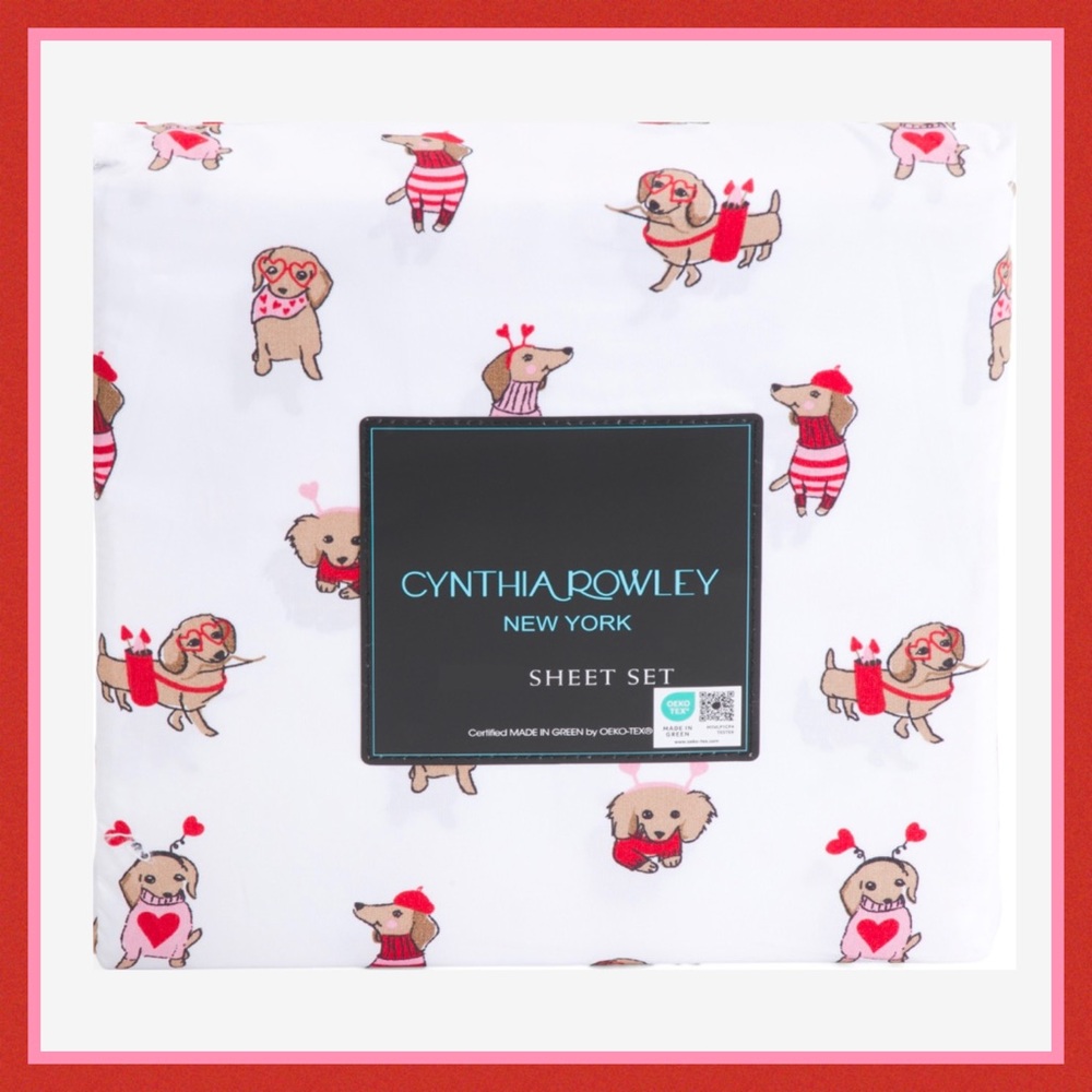 Cynthia Rowley Valentine Hearts Dachshund Weiner Dog King 4-Piece Sheet Set